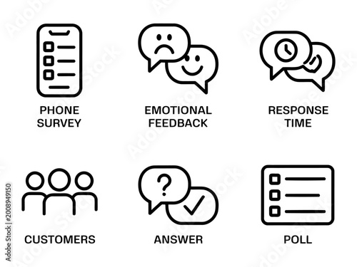 Εκτύπωση καμβά Set of Flat Design Icons: Phone Survey, Emotional Feedback, Response Time, Custo