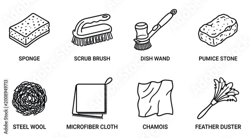 Fotografija Household cleaning supplies vector icons sponge brush dish wand pumice steel wool cloth