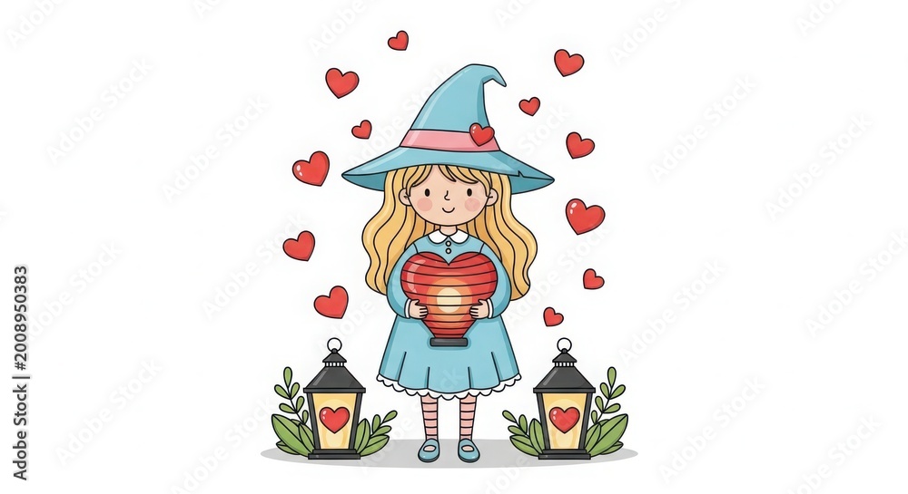 Fototapeta premium Cute little witch holding a heart lantern surrounded by floating hearts
