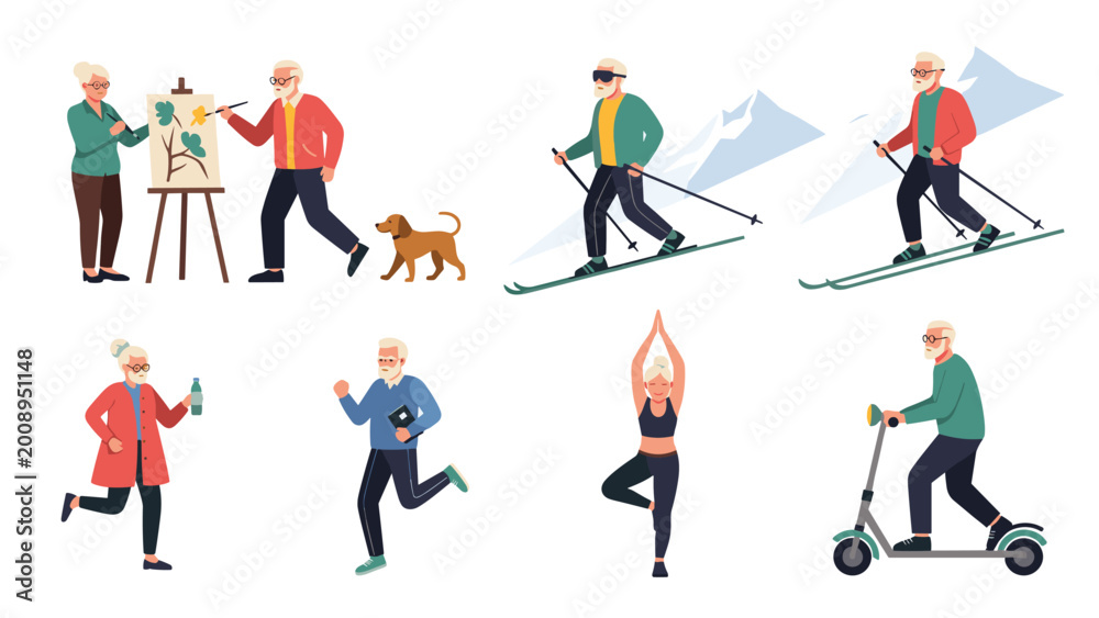 Fototapeta premium Diverse set of active senior citizens participating in various activities like painting, skiing, running, yoga, and riding a scooter.