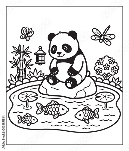 Cute and funny animal panda black line art vector coloring page for kids, Ready to print outline illustration for activity book design