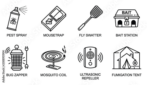 Fotografía Pest control equipment icons pest spray mousetrap fly swatter bait station bug zapper mosquito coil repeller fumigation tent
