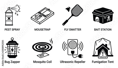 Tableau sur toile Pest control icons mousetrap fly swatter bait station bug zapper mosquito coil ultrasonic repeller fumigation