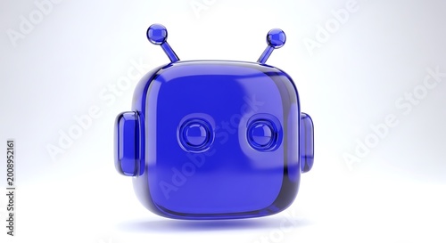 3d render of a cute blue glossy robot head with antennas isolated on white background