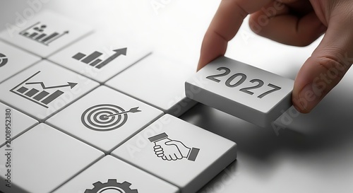 Hand placing a block labeled 2027 into a grid of business icons