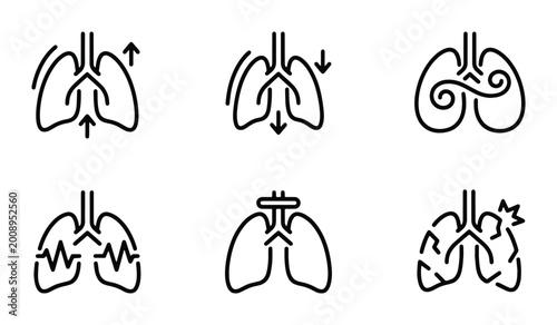 6-line vector illustrations depicting various stages and conditions of lung function including healthy breathing