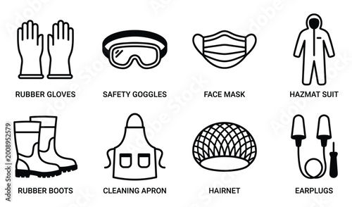 Foto Rubber gloves safety goggles face mask hazmat suit rubber boots cleaning apron hairnet earplugs