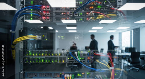 Server Rack with Colored Network Cables in a Modern Office Data Center