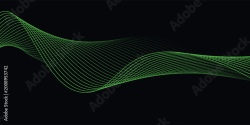 Foto Dark Background with Smooth Green Curve Line Pattern for Futuristic, Elegant, an