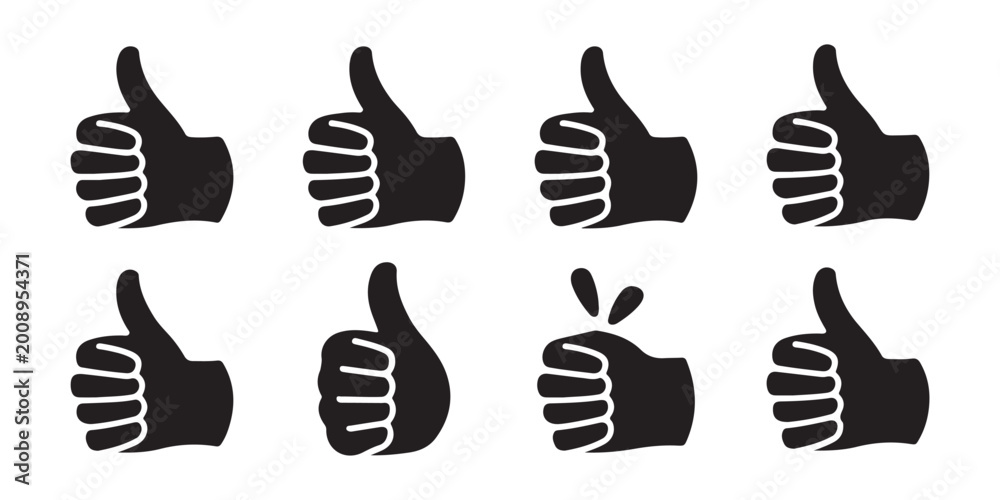 Fototapeta premium Group of thumbs up hand symbols for positive user feedback isolated on a dark grid pattern backdrop vector.