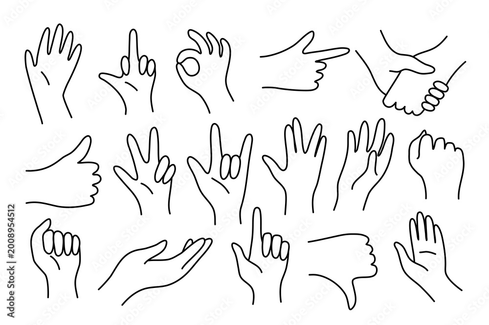 Fototapeta premium Hands Showing Different Signs Black Thin Line Set Hand Drawn Doodle Style. Vector illustration of Gesture