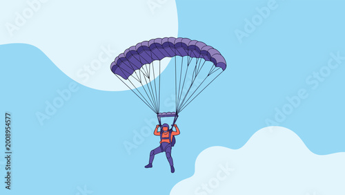 Skydiver falling through a blue sky with white clouds using a purple parachute in a flat vector illustration style.