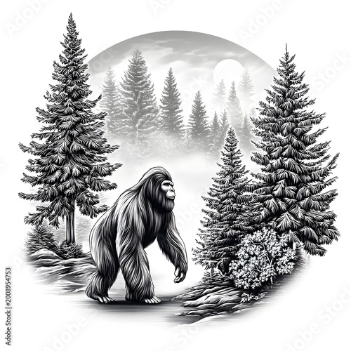 Bigfoot Sasquatch walks through a dense pine forest during daylight hours
