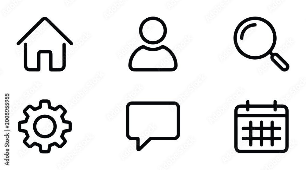 © Farzana - home user profile magnifying glass gear settings chat bubble calendar event outline icons on white background