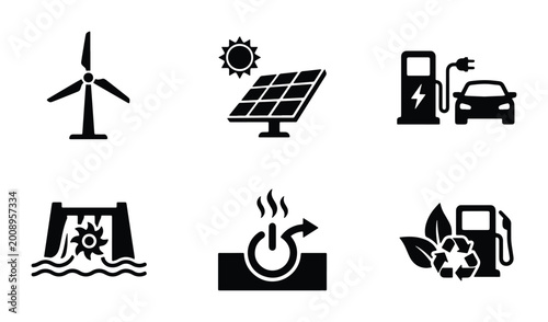 Schilderij op canvas sustainable power sources and environmental conservation symbols set