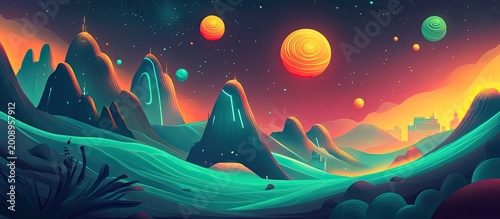 Surreal Alien Landscape with Glowing Peaks and Celestial Orbs Under a Starry Sky