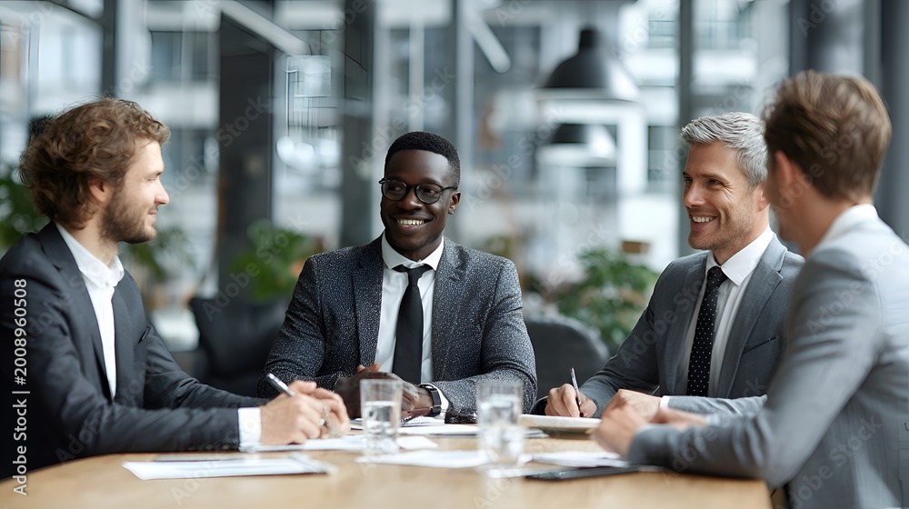 Fototapeta premium A diverse group of businessmen in suits engage in a positive discussion around a table in a modern office environment du the daytime.