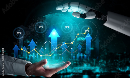 Obraz na płótnie A blend of artificial intelligence and human interaction showcases growth and data analysis through graphs and digital elements, symbolizing future technology in business management