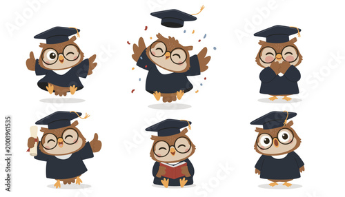 Set of cute owls in graduation cap and gown. A flat, child-friendly vector illustration on the theme of education and school.  Vector illustration