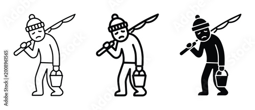 Photos Sad Fisherman Icon Set, Winter Fishing Vector Art, Disappointed Angler Silhouett