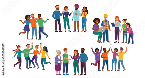 Group of diverse people talking and standing together, flat vector illustration