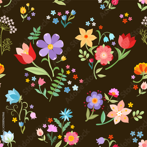 Lovely floral pattern. Seamless pattern with flowers and leaves on black back...