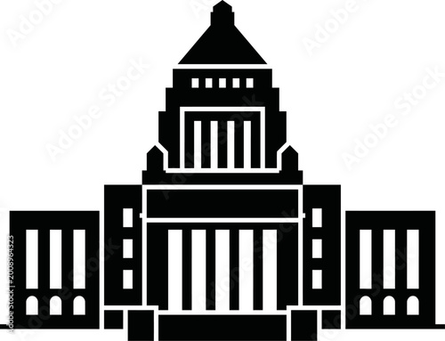 Black Silhouette Icon of the National Diet Building of Japan on White Background