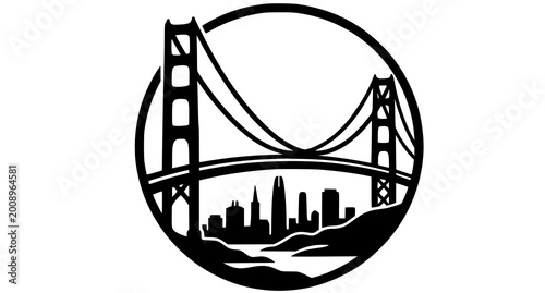 Obraz na płótnie Golden Gate Bridge emblem with city skyline in a circular badge.