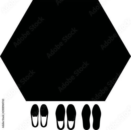 Minimalist silhouette of three pairs of shoes lined up below a black hexagon on white background