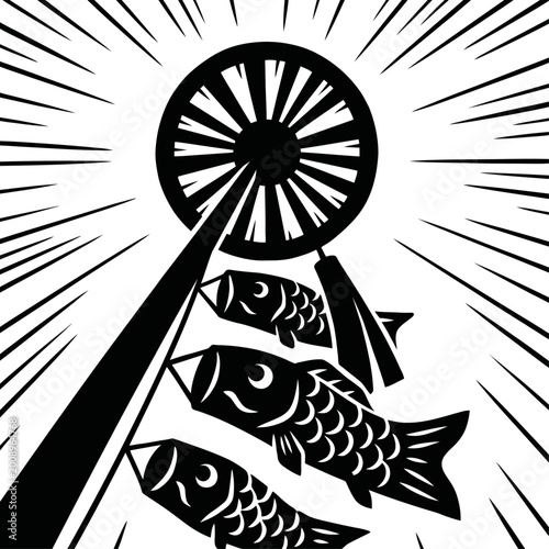 Japanese Koinobori Carp Streamers and Pinwheel Vector Illustration for Children's Day Celebration