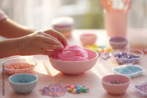 Kids hands making pink slime at home: step-by-step art project for young creators