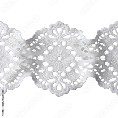 Delicate White Scalloped Floral Lace Border Trim Ribbon on Transparent Background