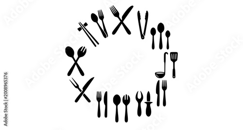 Billede på lærred Circular arrangement of kitchen cutlery icons including spoons, forks and knives
