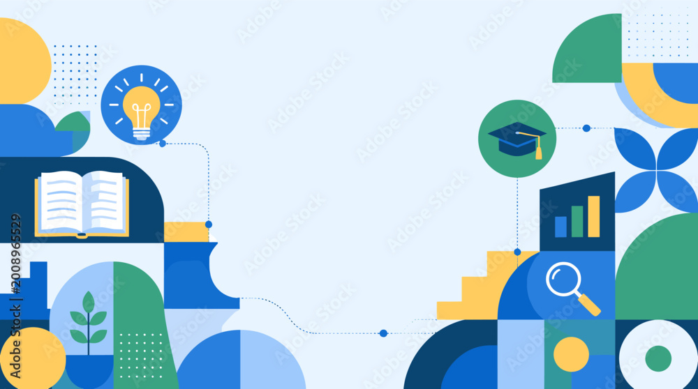 Obraz premium A modern flat vector illustration combining a book, plant, and geometric shapes to represent learning, personal growth, and knowledge.