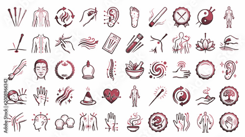 Obraz na płótnie Acupuncture and Traditional Chinese Medicine Icon Set in Hand-Drawn Line Style
