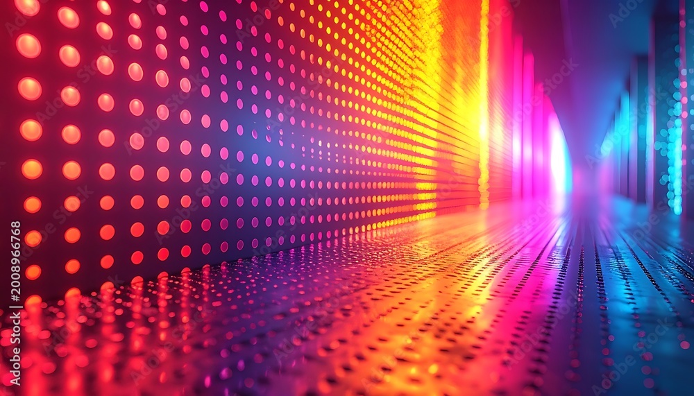 Fototapeta premium Abstract digital tunnel with glowing LED lights and reflective floor, vibrant neon colors, futuristic technology background, data stream, cyberspace exploration
