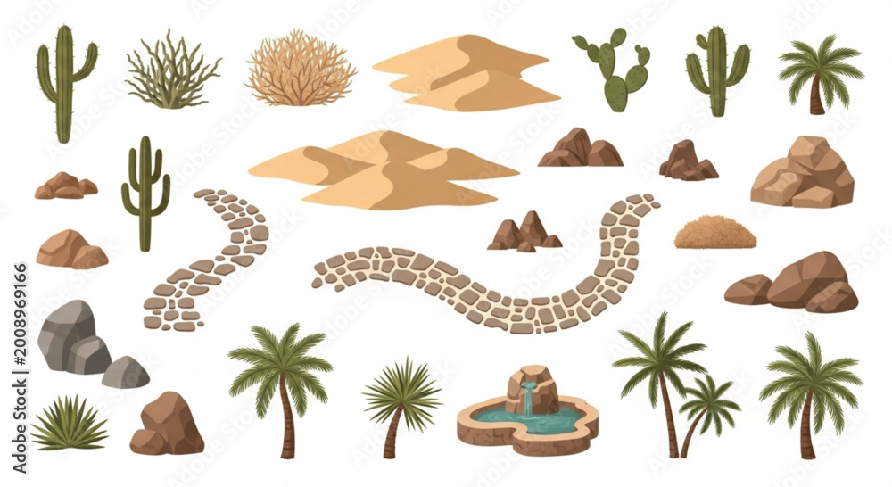 Obraz premium Desert landscape elements set, cactus and palm tree vector icons, sand dunes and rock formations, arid environment nature assets for game design