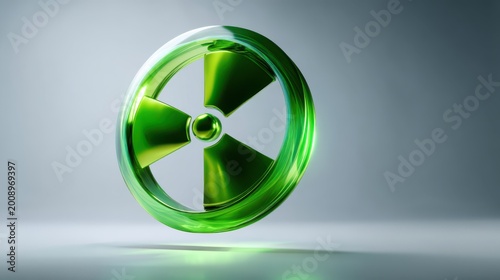 A glowing green 3D radioactive hazard symbol floating on a reflective surface with a gradient background.