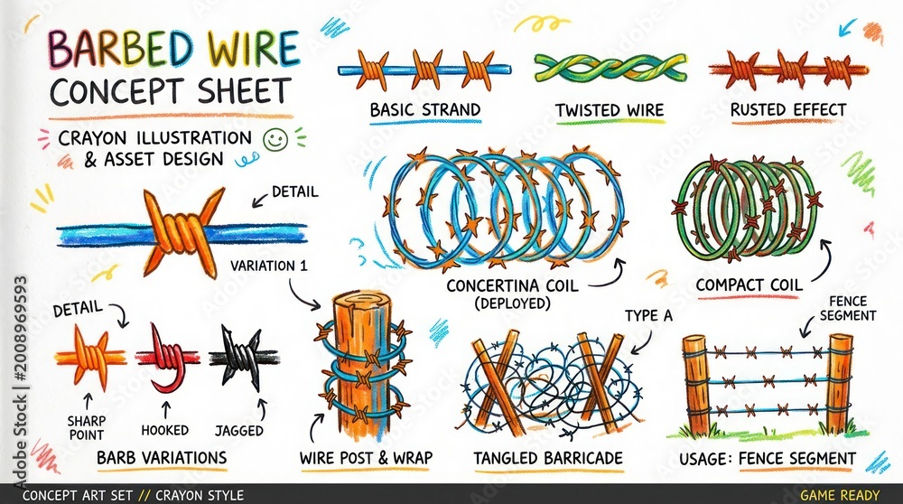 Fototapeta premium Barbed Wire Concept Sheet - Crayon Illustration and Asset Design for Security.