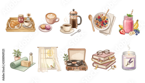 Watercolor Cozy Morning Routine Clipart Set - Breakfast Tray, Latte, French Press, Granola Bowl, Smoothie, Yoga Mat, Window, Record Player, Books, Candle Illustration Collection