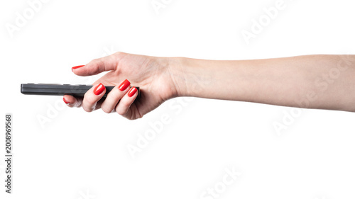 Hand holding audio and television remote control isolated on white background. Cliping Path.