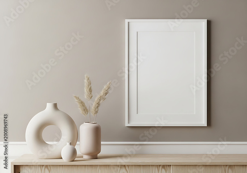 Empty white picture frame mockup with neutral ceramic vases and dried plants on a wooden console table against a beige wall modern home interior decor interior decoration template livingroom
