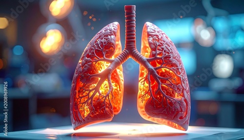 Detailed anatomical model of human lungs and trachea, bronchial tubes, arteries, veins highlighted under bright surgical lights.