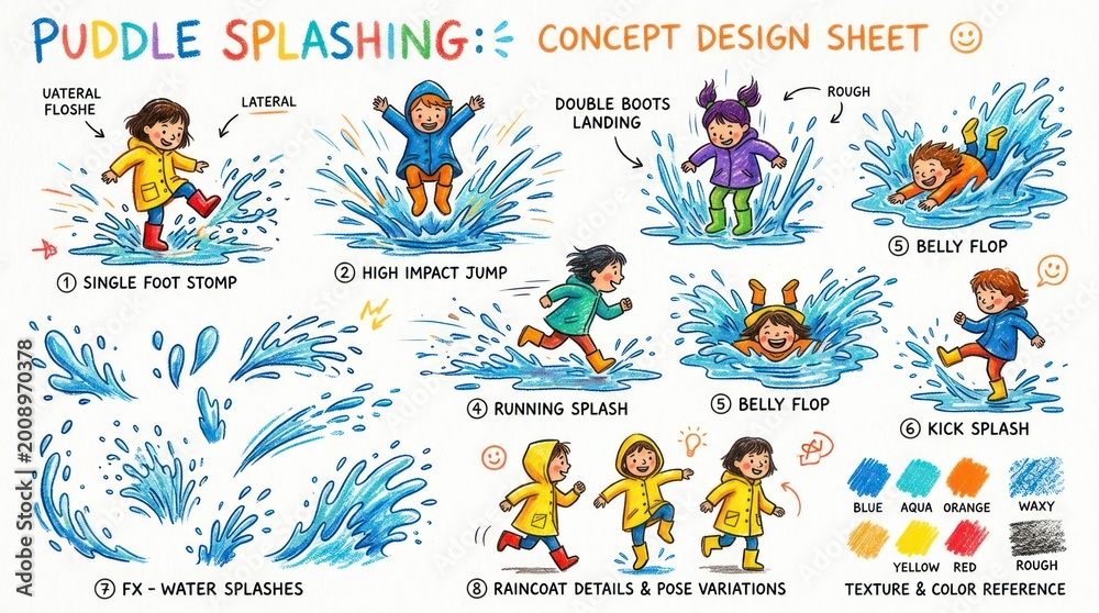 Fototapeta premium Children Playfully Splashing in Puddles - A Colorful Concept Design Sheet.