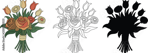Flower bouquet silhouette & Outline and illustration set isolated on transparent background
