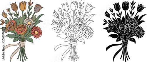 Flower bouquet silhouette & Outline and illustration set isolated on transparent background