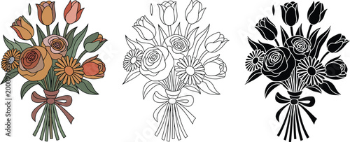 Flower bouquet silhouette & Outline and illustration set isolated on transparent background
