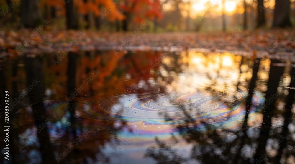 Obraz premium iridescent oil slick in a forest puddle during autumn