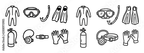 Diving icons with snorkel fins outline