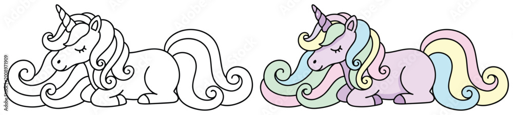 Fototapeta premium Unicorn characters feature a beautiful sleeping mythical horse with a long mane for a coloring page